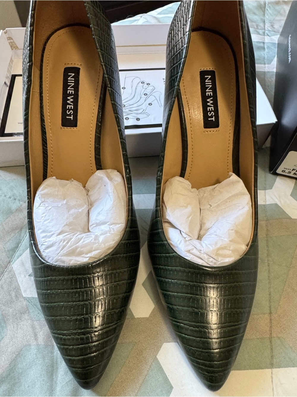 Nine West Dark Green Croc-Embossed Pointed Toe Pumps